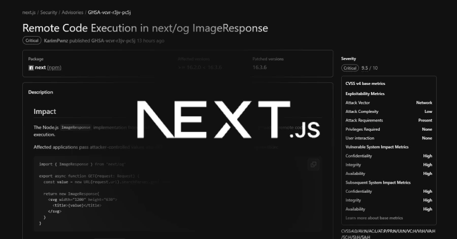 Critical Next.js ImageResponse Flaw Can Lead to Server Code Execution via Crafted SVG Input