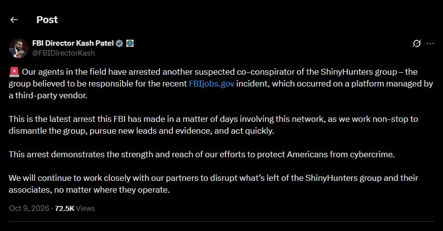 FBI Arrests Another ShinyHunters Suspect Reportedly Involved in Its Jobs Portal Hack